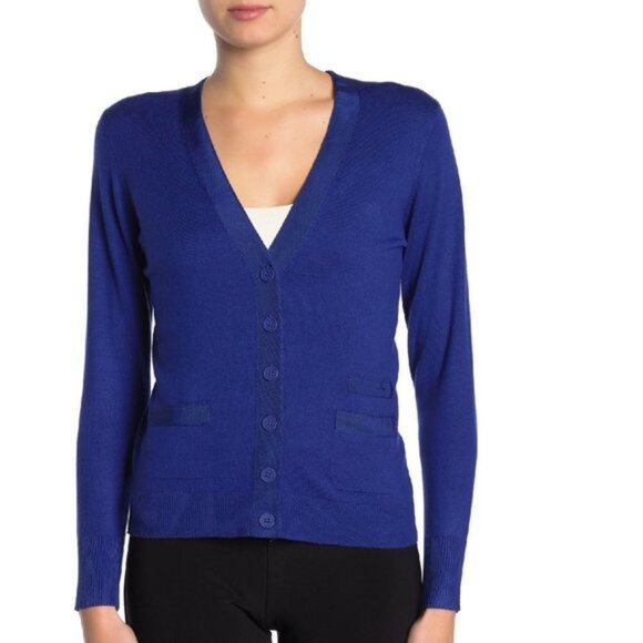 🎁 T Tahari Grosgrain Ribbon Trim V-Neck Cardigan - Picture 2 of 7